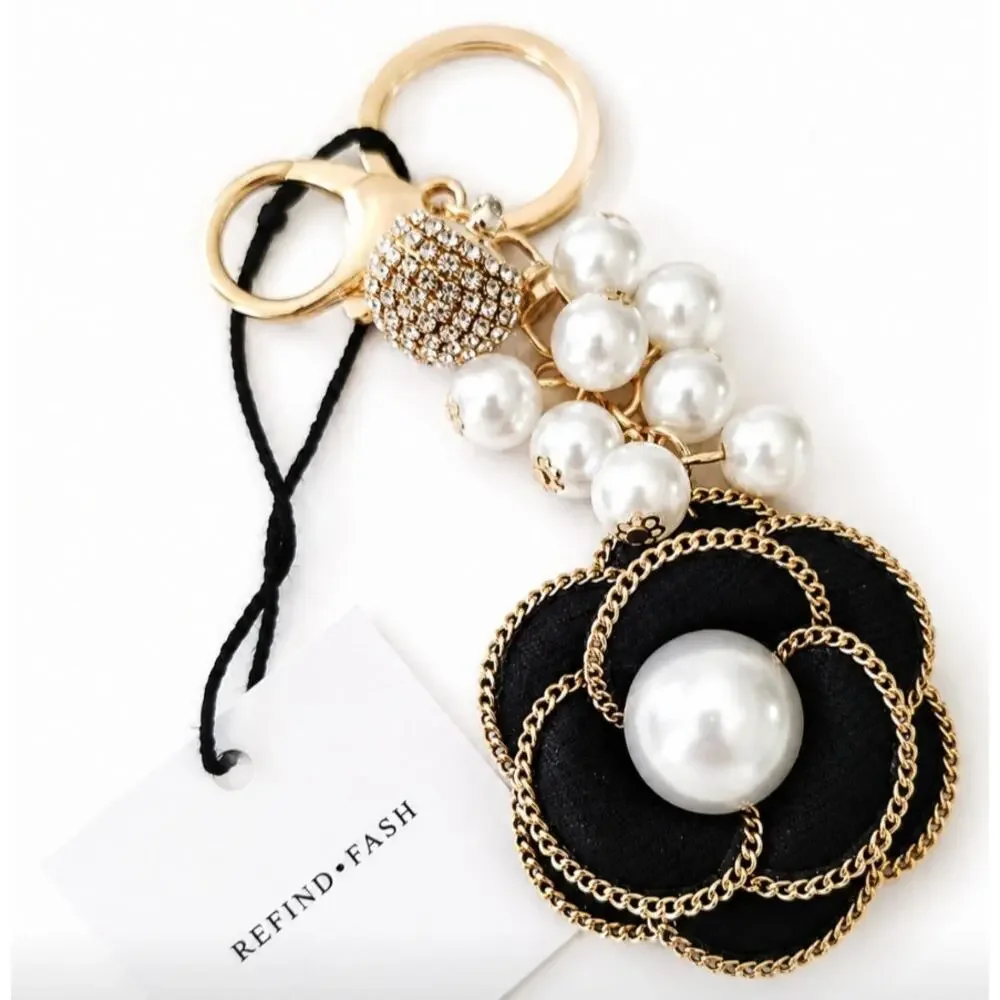Black Gold Pearl Flower Rhinestone Bag Charm New